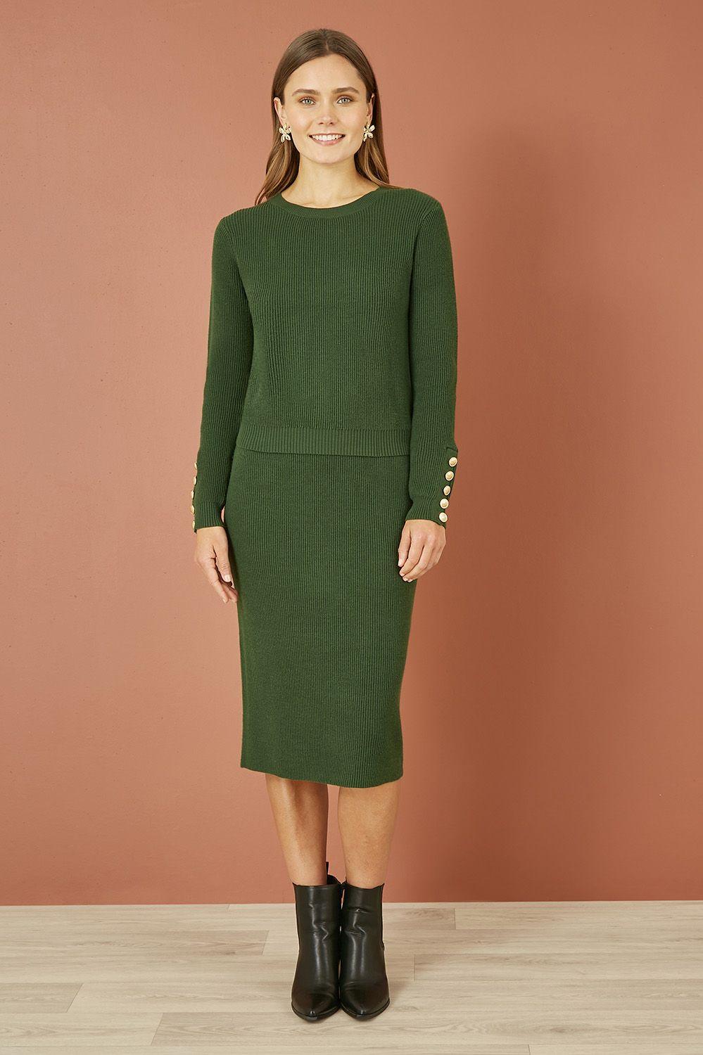 Green Rib Knitted Midi Column Skirt by YUMI