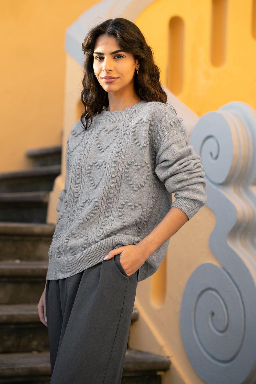 Grey Heart Knit Relaxed Jumper by YUMI