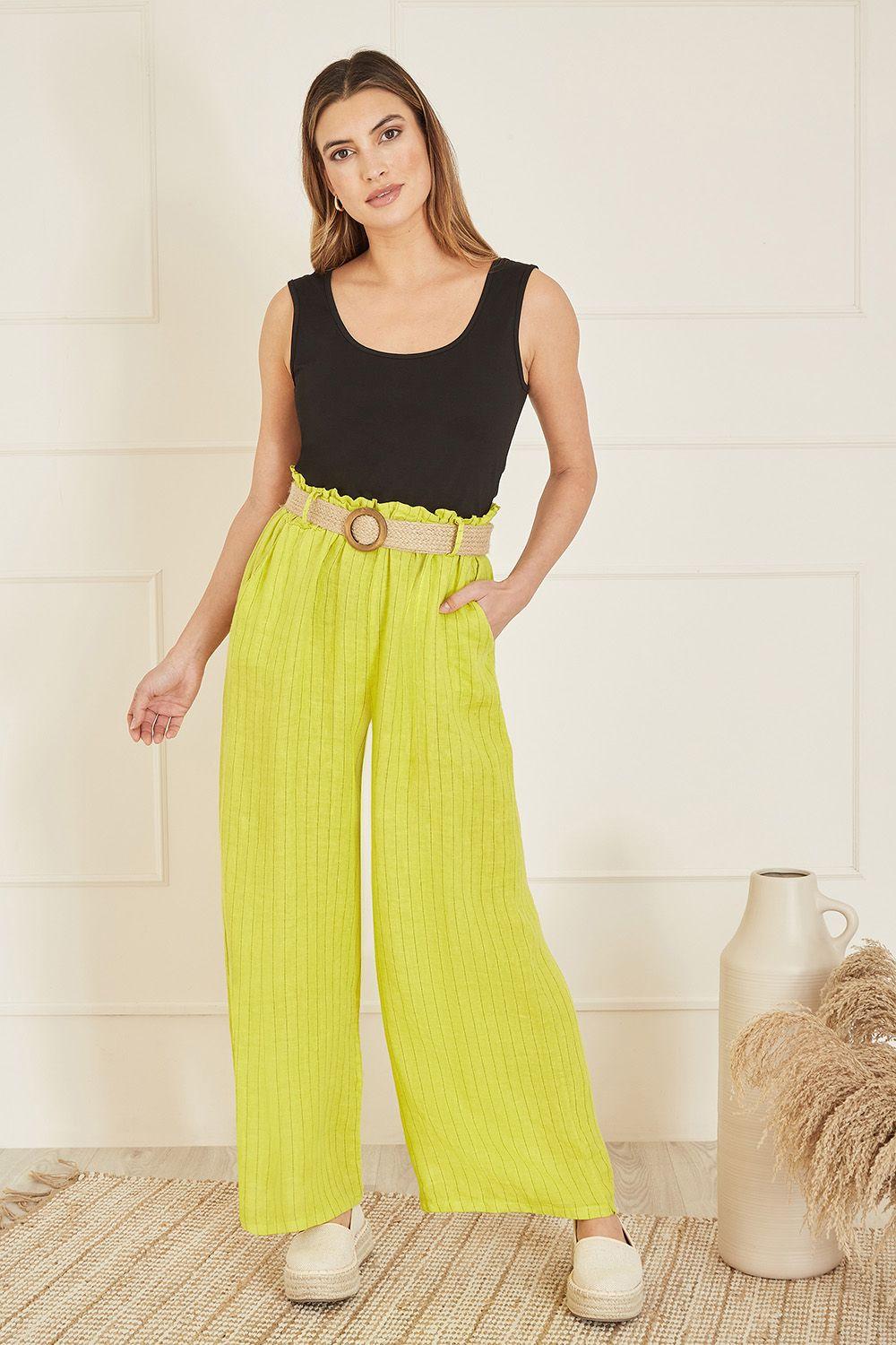 Lime Striped Italian Linen Wide Leg Trousers With Belt by YUMI