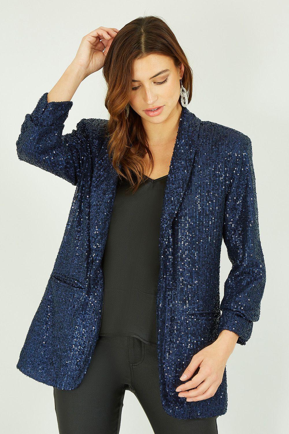 Navy Sequin Blazer With Pockets by YUMI