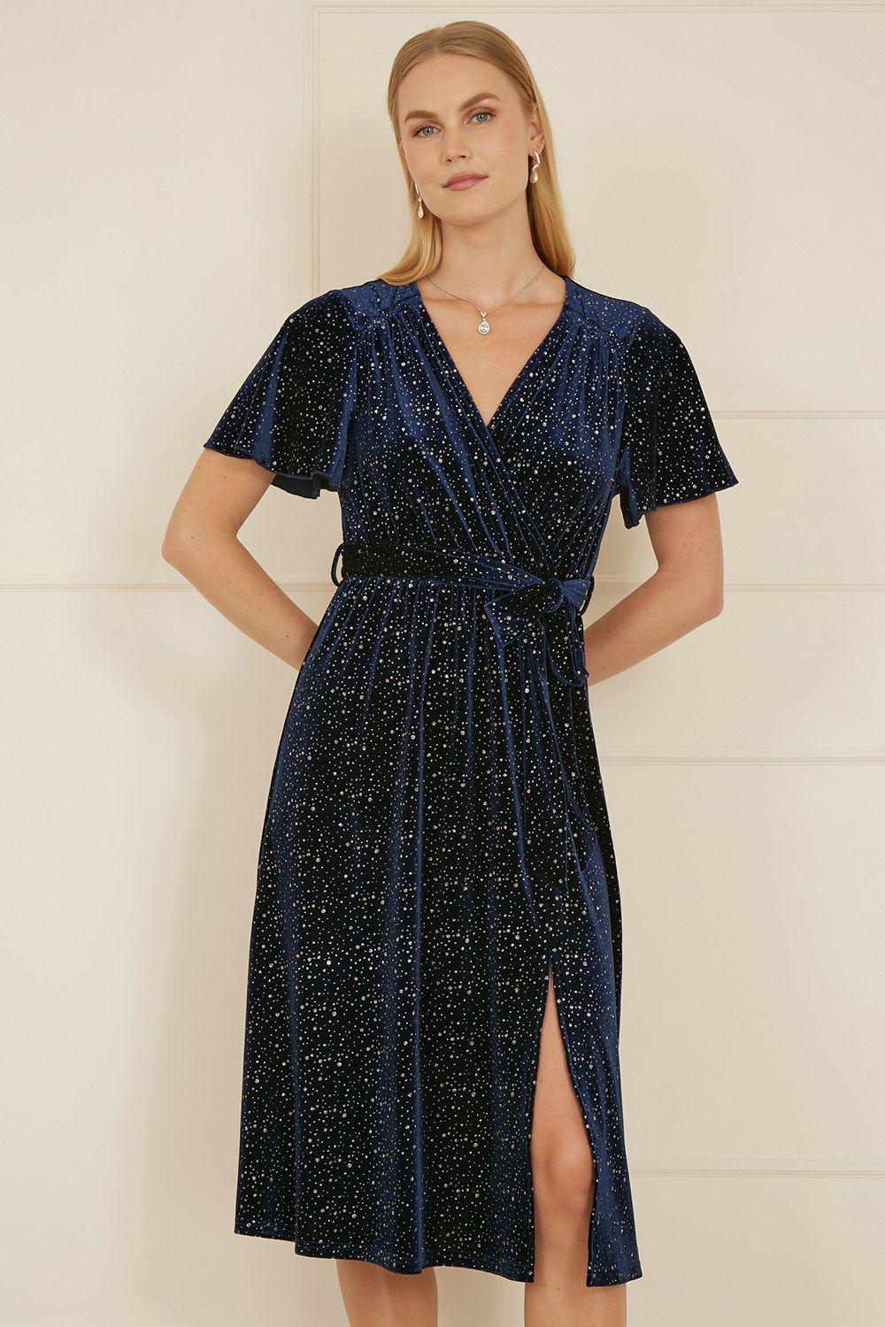 Navy Velvet Sparkle Wrap Midi Dress by YUMI