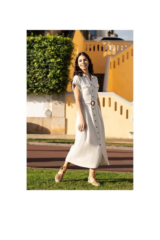 Stone Viscose Linen Look Midi Shirt Dress With Wooden Belt by YUMI Stone Viscose Linen Look Midi Shirt Dress With Wooden Belt by YUMI