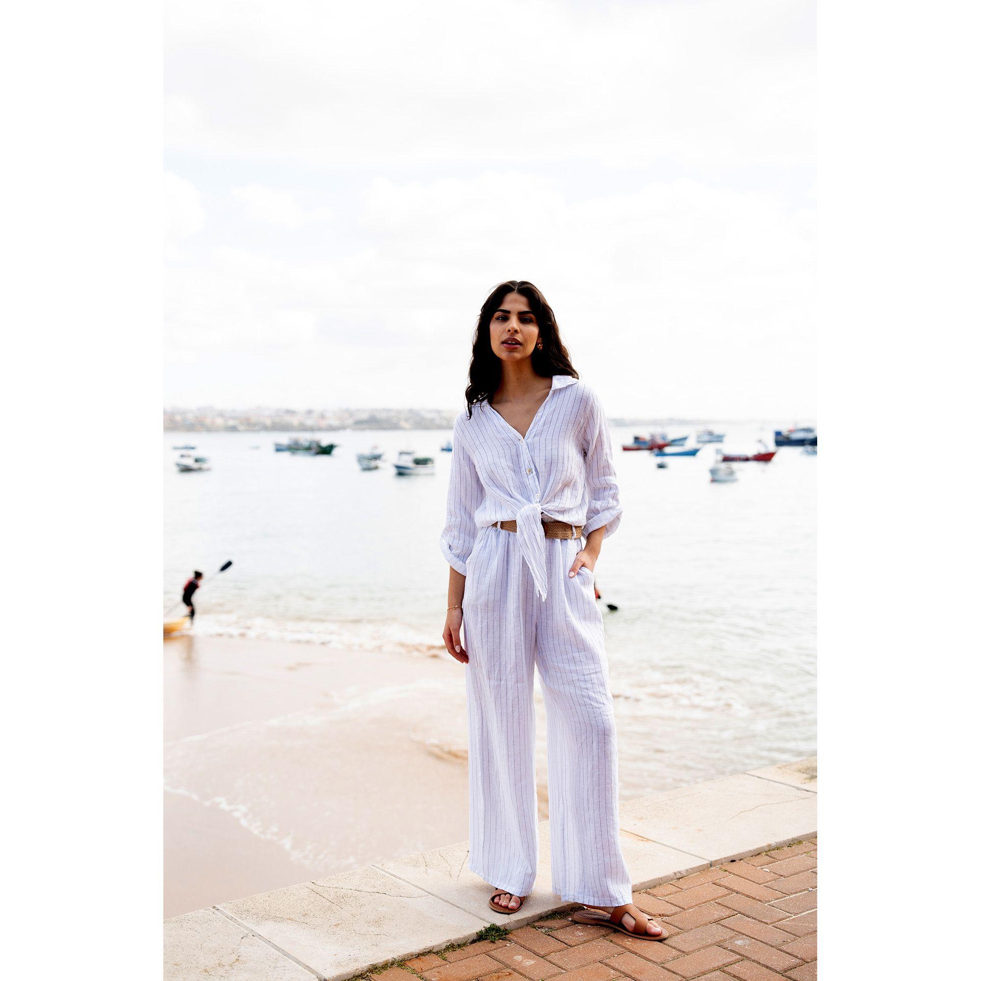 White Striped Italian Linen Wide Leg Trousers With Belt by YUMI
