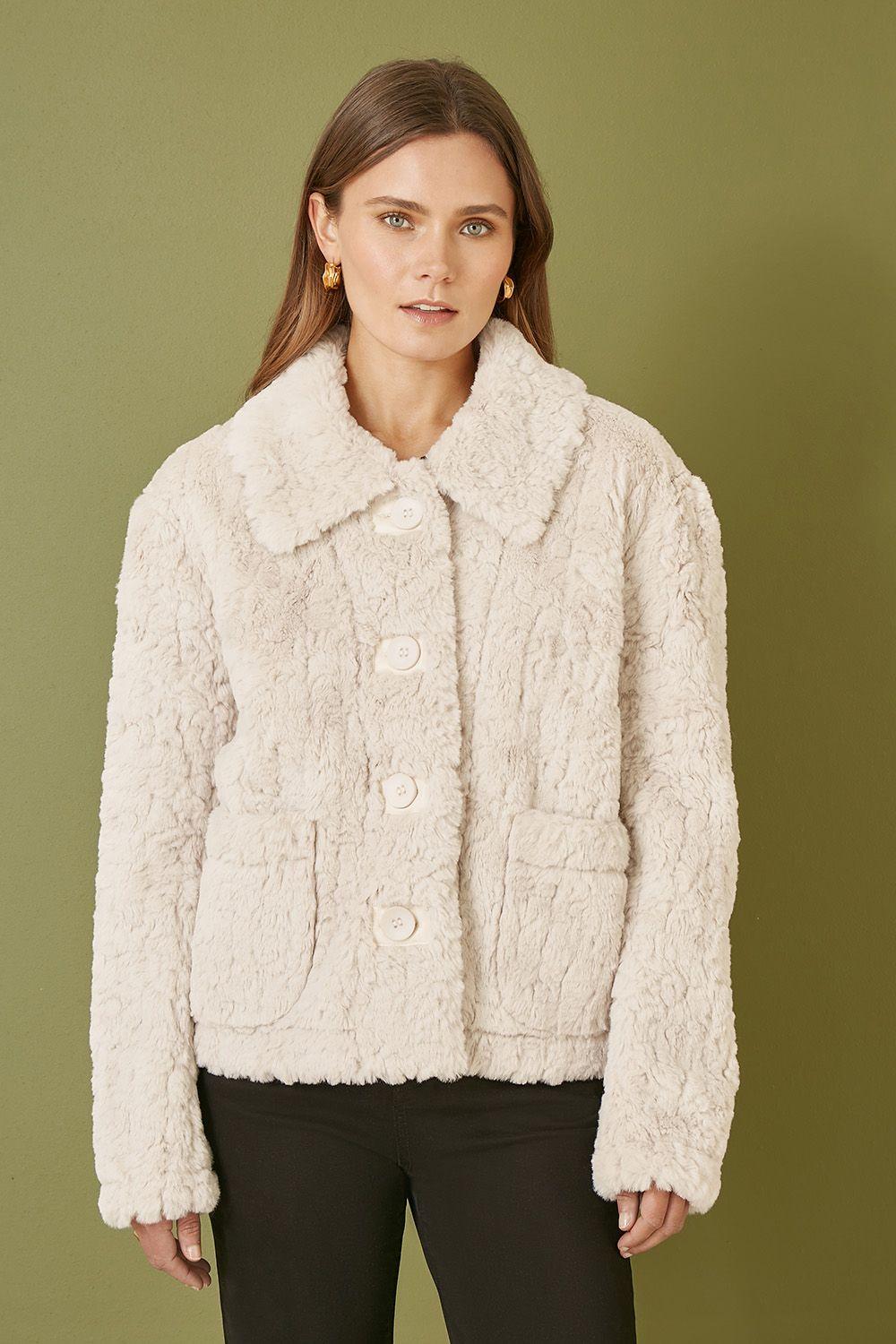 Yumi Cream Luxe Textured Faux Fur Jacket With Pockets by YUMI