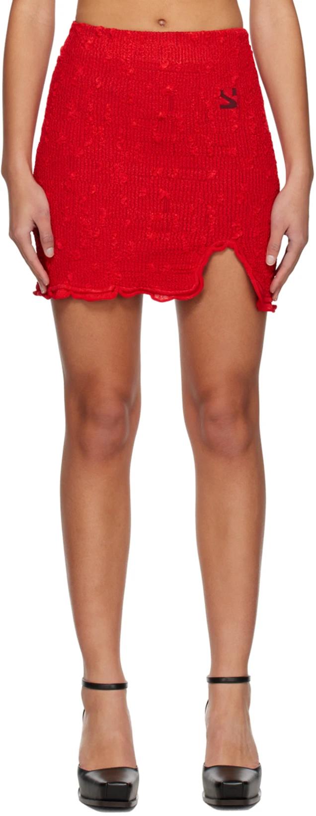 Red Textured Miniskirt by YUZEFI
