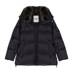 A-line puffer jacket made from a water-resistant performance fabric with a fox fur collar by YVES SALOMON