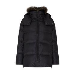 A-line puffer jacket made from a water-resistant performance fabric with a fox fur collar by YVES SALOMON