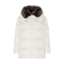 A-line puffer jacket made from a water-resistant performance fabric with a fox fur collar by YVES SALOMON