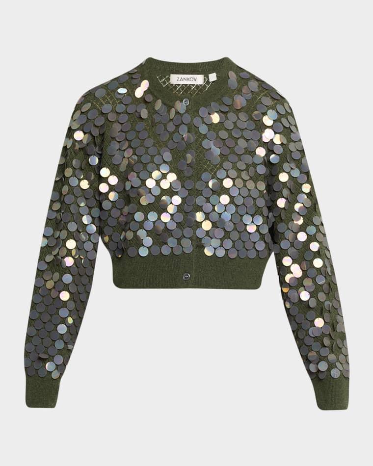 Sequined Cashmere Pointelle Knit Crop Cardigan by ZANKOV