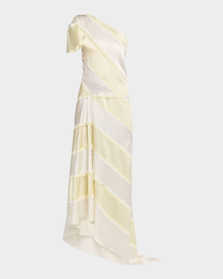 Striped Asymmetric Silk One-Shoulder Maxi Dress by ZANKOV