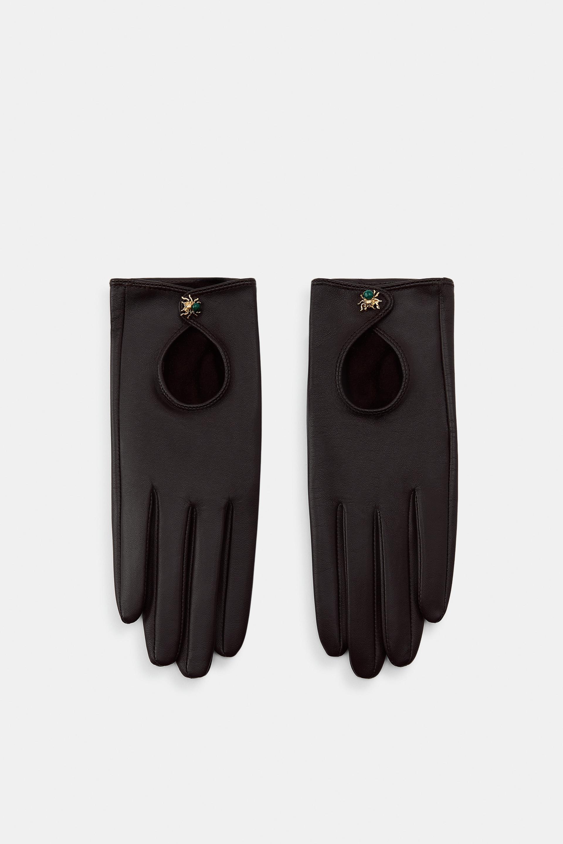 100% LEATHER SHORT GLOVES WITH SPIDER DETAIL by ZARA