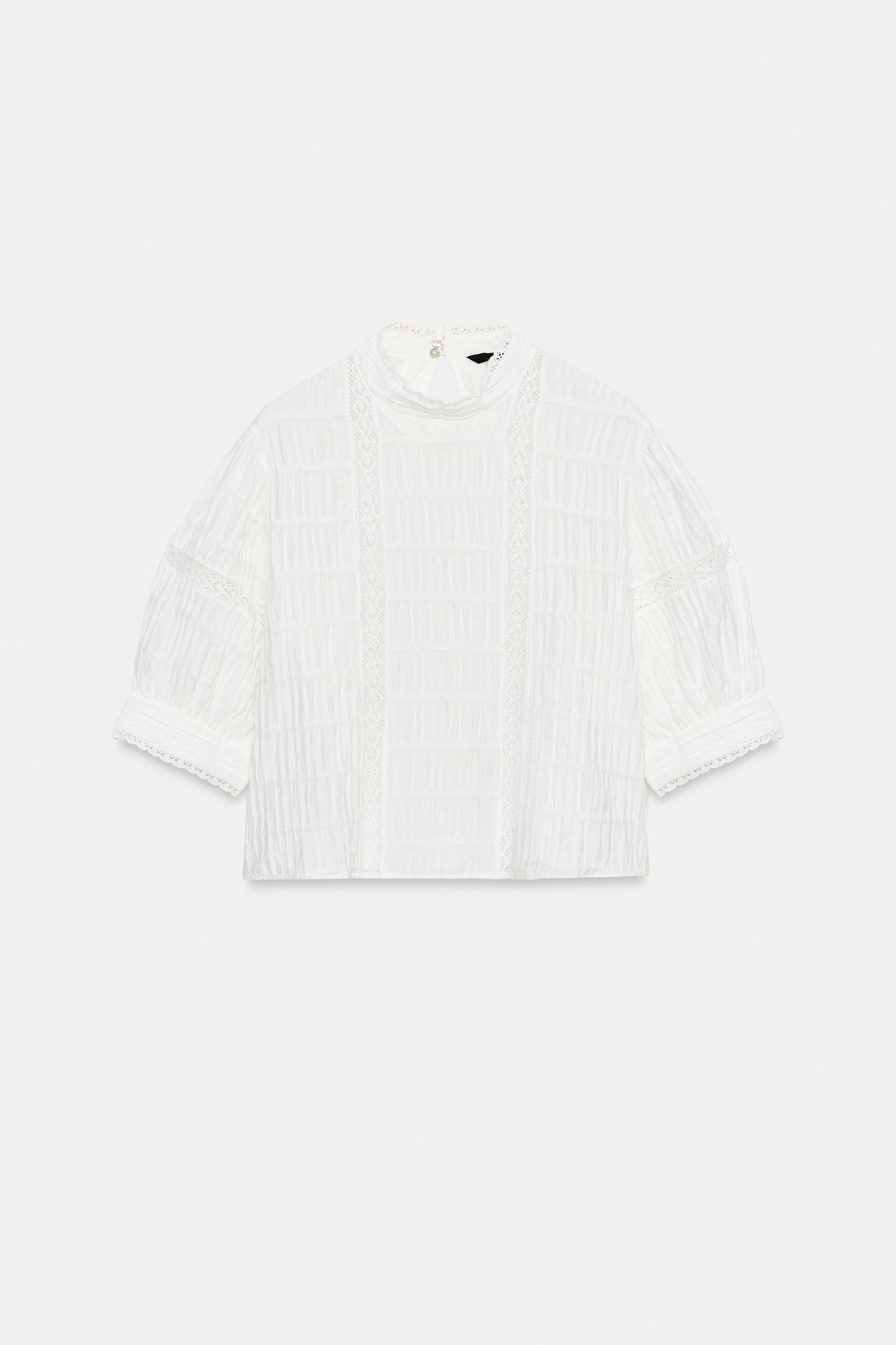 BALLOON SLEEVE LACE TRIM SHIRT by ZARA