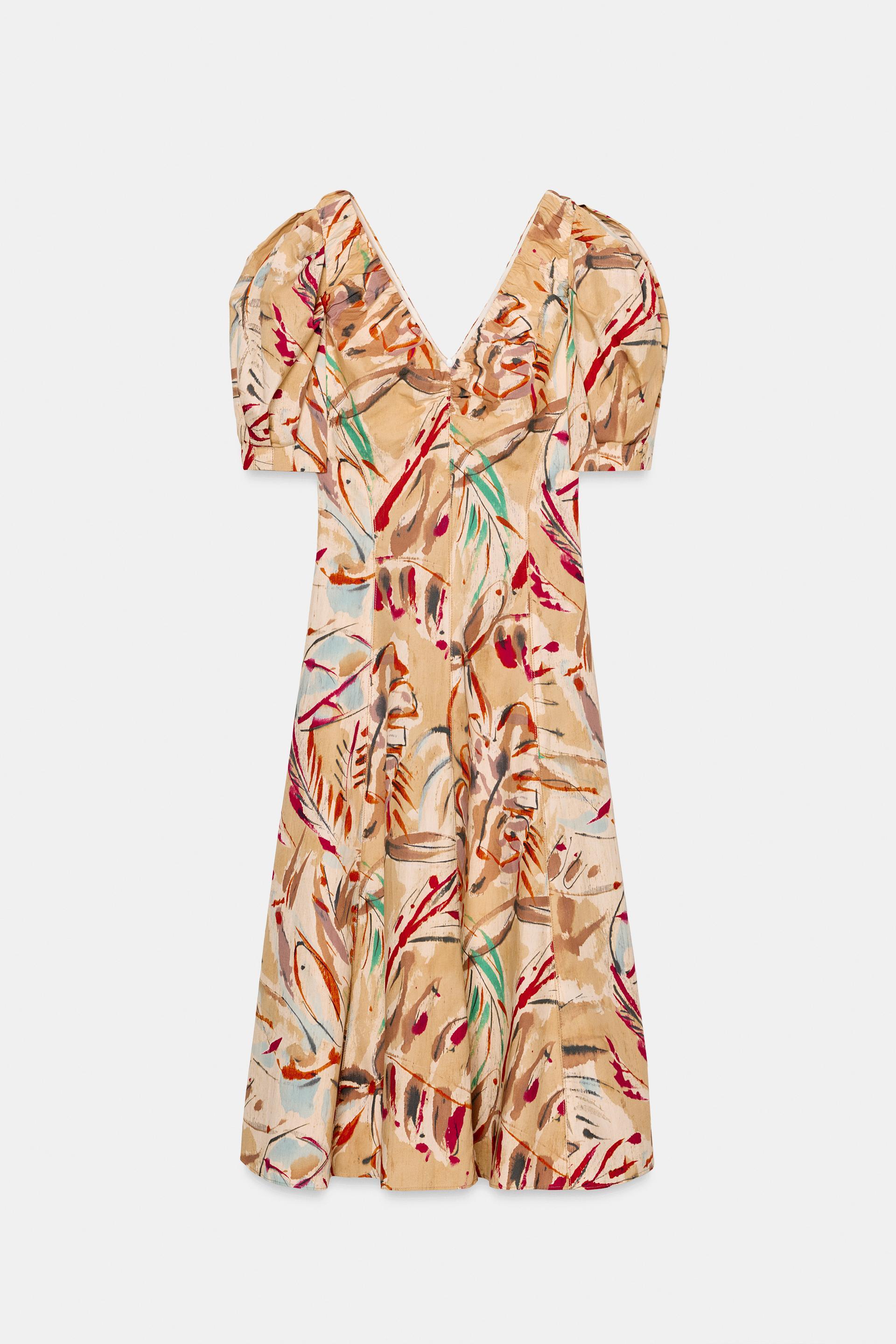 BALLOON SLEEVE PRINTED MIDI DRESS by ZARA