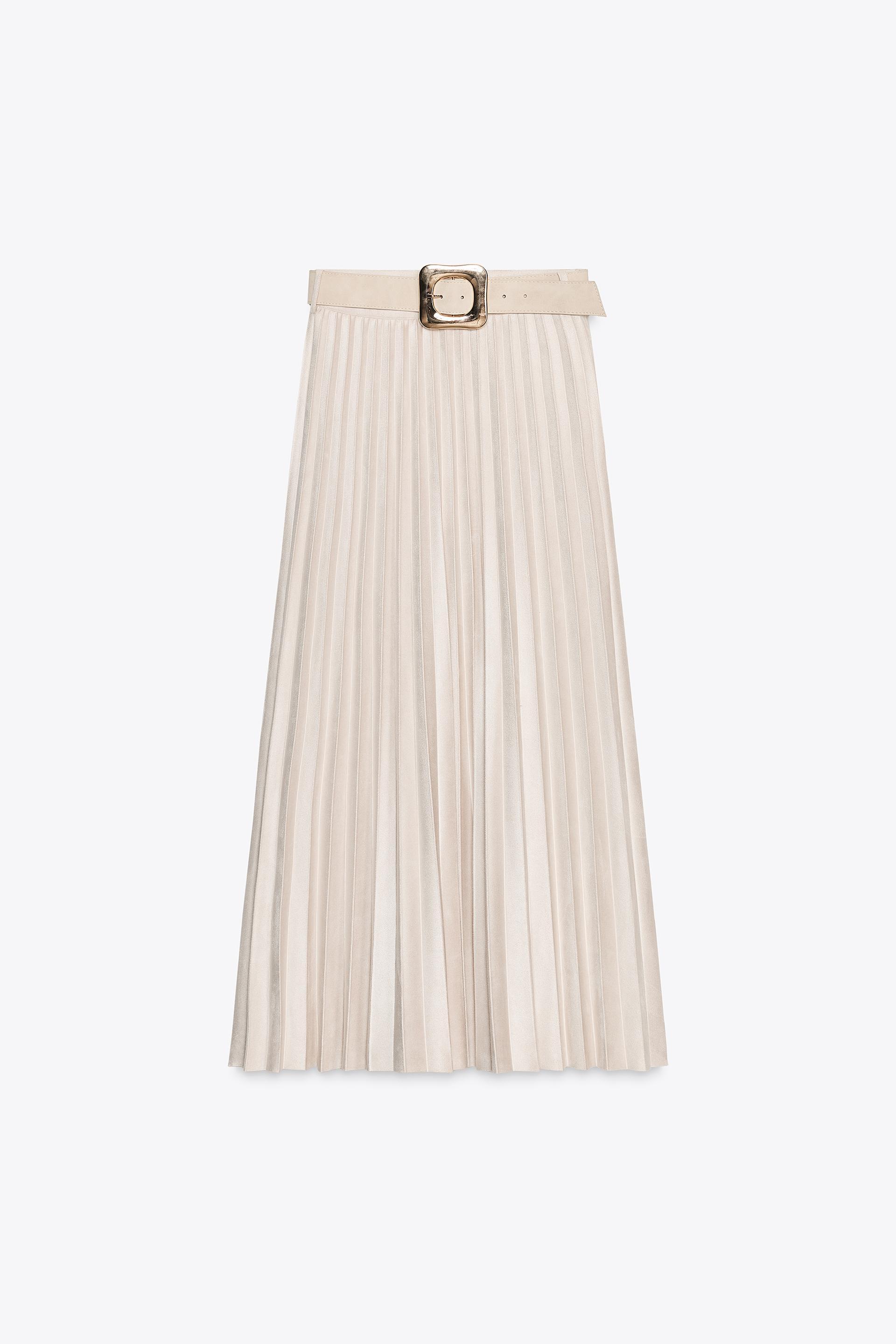 BELTED FAUX SUEDE EFFECT PLEATED MIDI SKIRT by ZARA