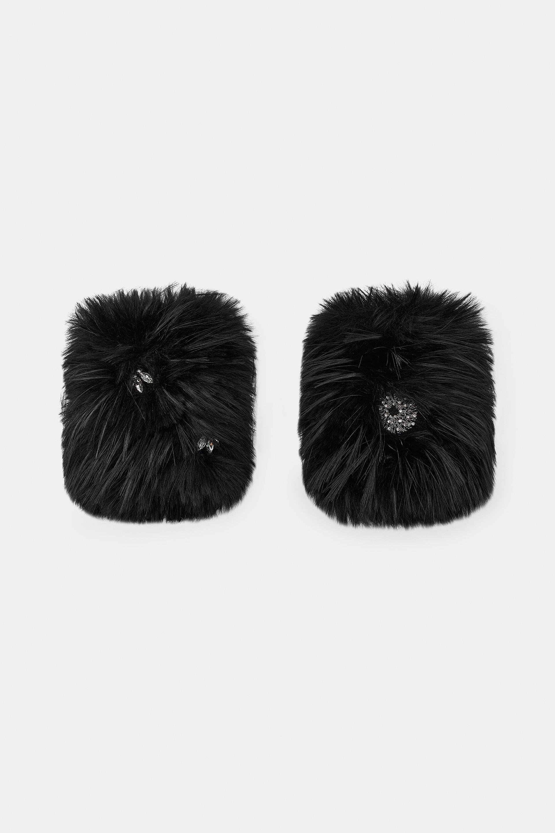 FAUX FUR JEWELED MITTENS by ZARA