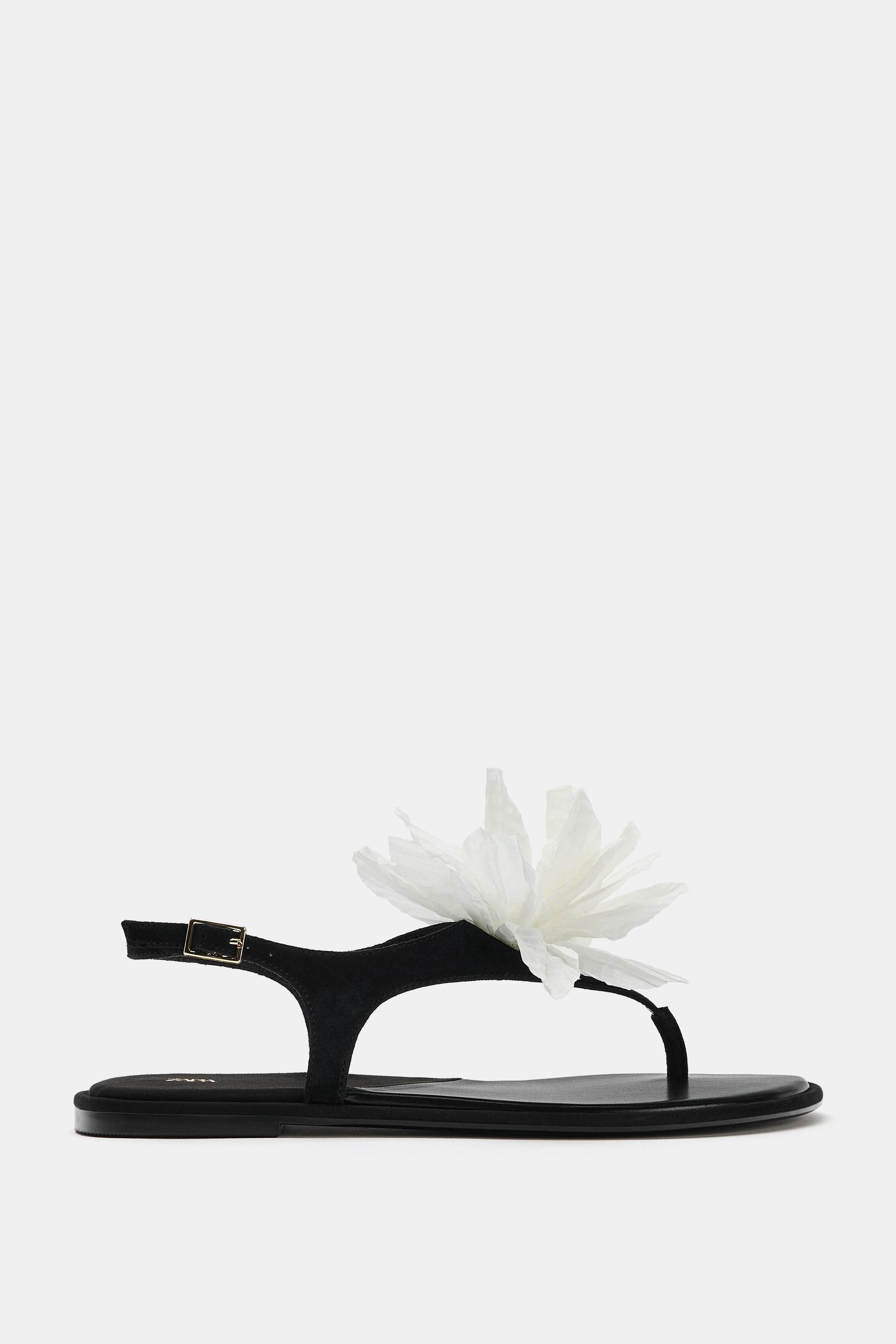 FLORAL DETAIL FLAT LEATHER SANDALS by ZARA