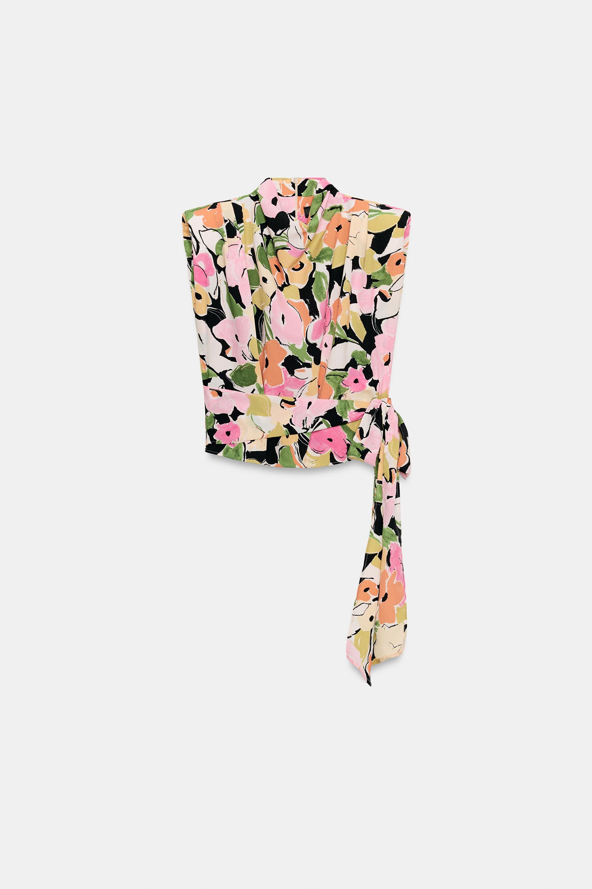 FLORAL PRINT SHOULDER PAD TOP WITH BELT by ZARA