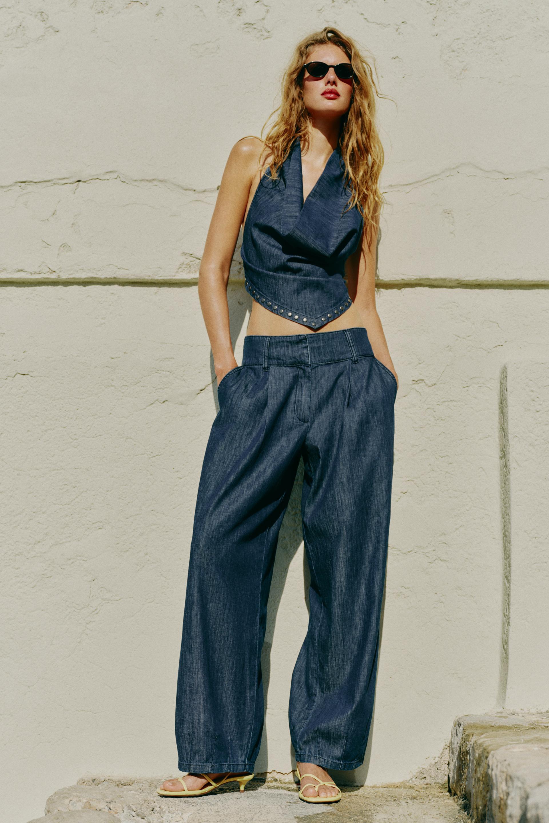 HALTER TOP AND STUDDED BARREL DENIM SET by ZARA