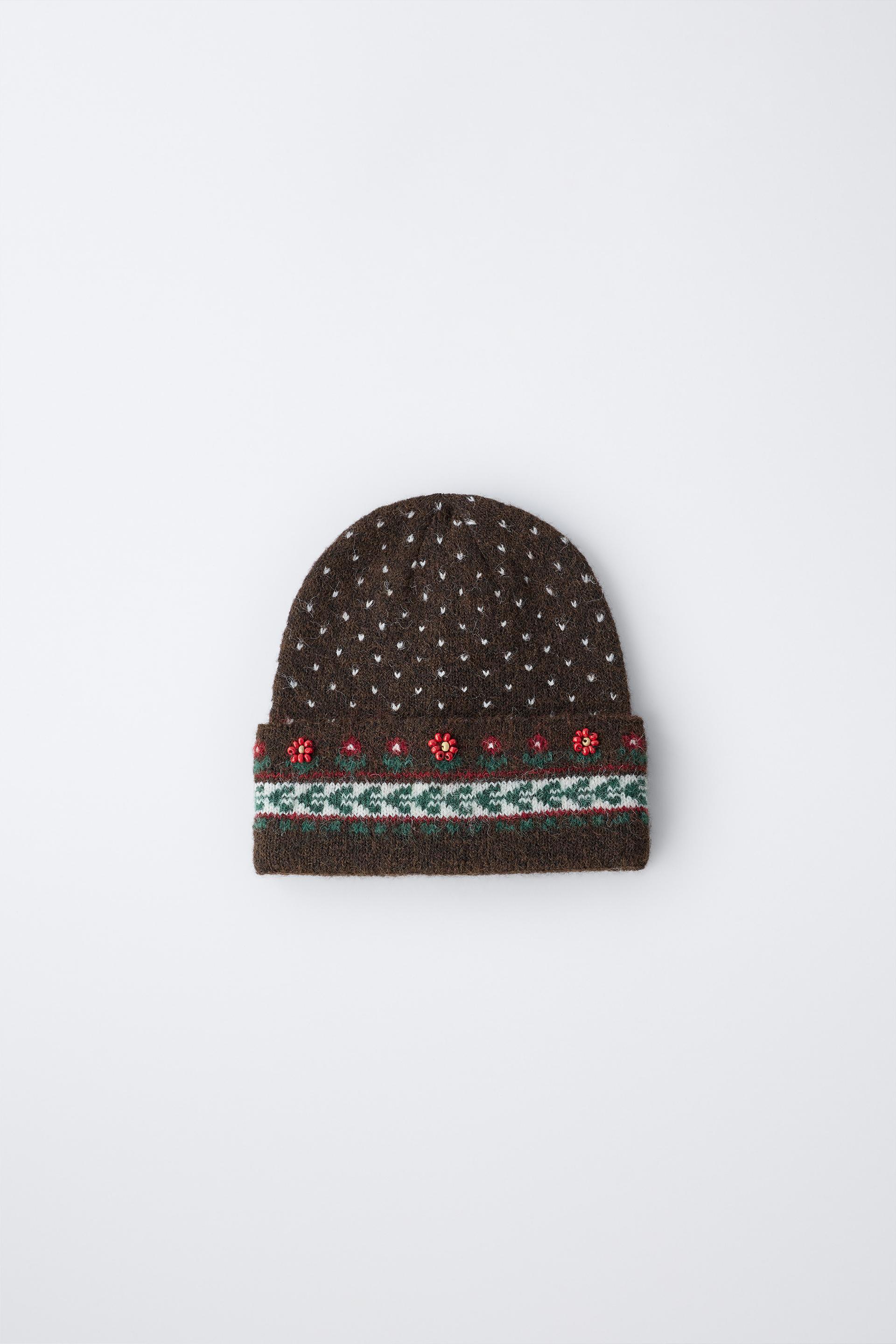 JACQUARD KNIT HAT WITH FLOWERS AND BEADS by ZARA