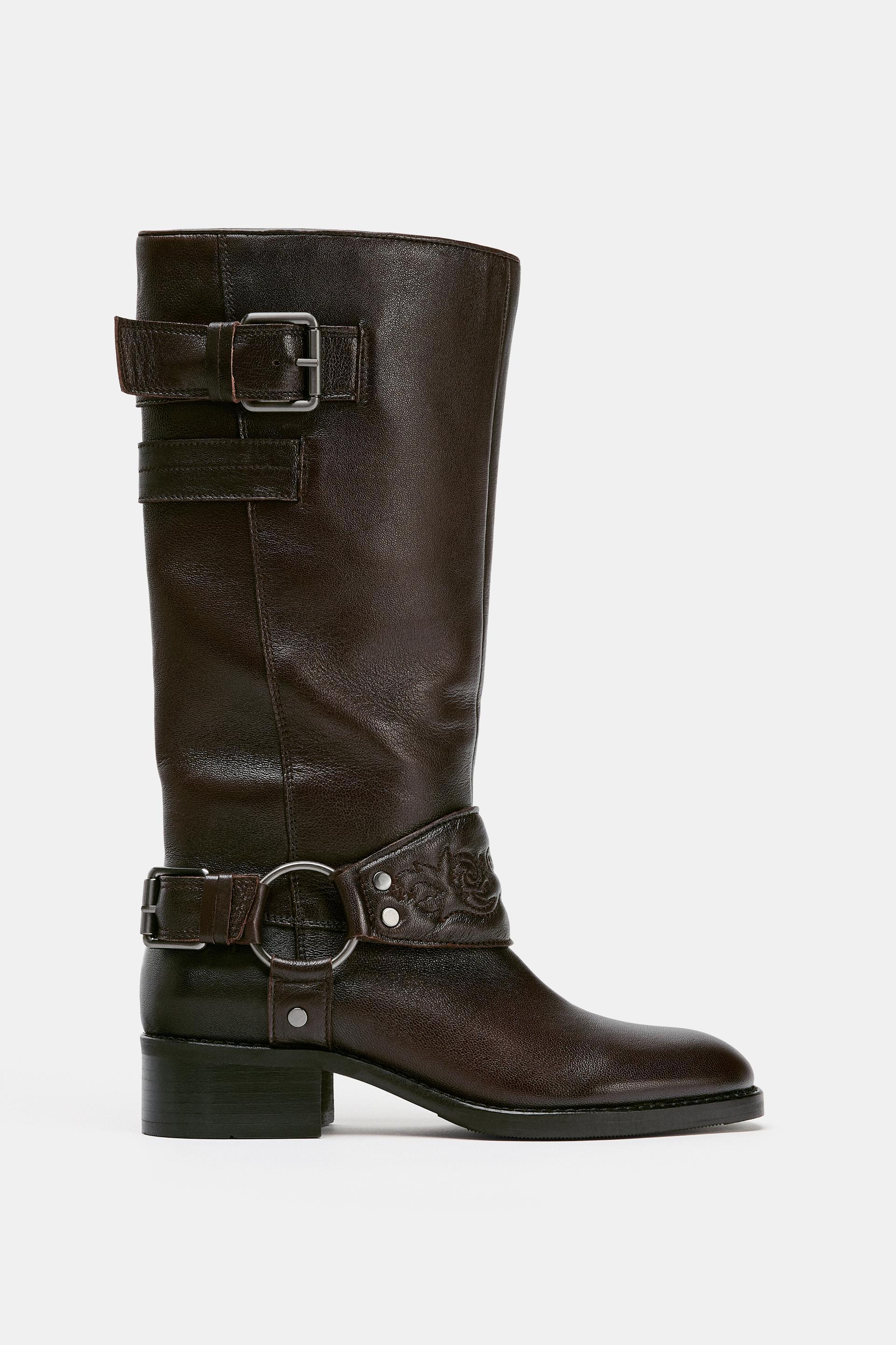 LEATHER EMBROIDERED FLAT BOOTS by ZARA