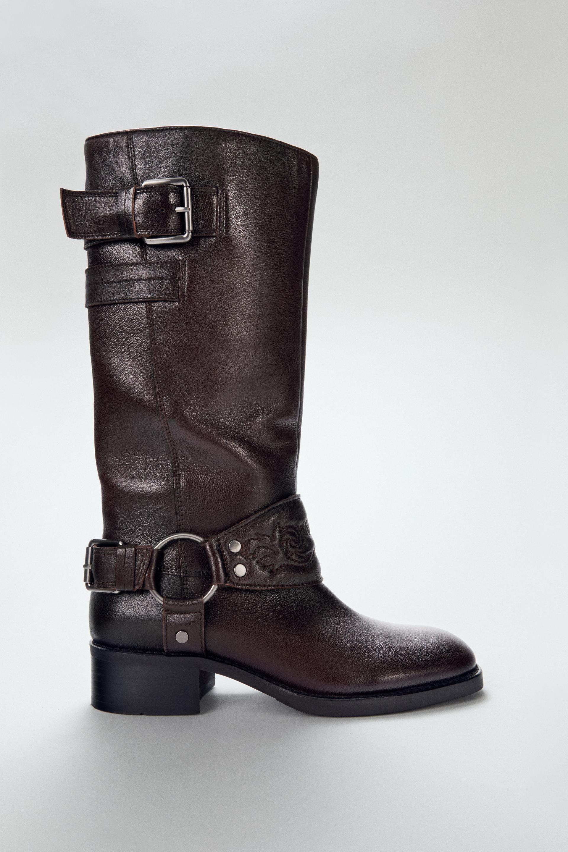 LEATHER EMBROIDERED FLAT BOOTS by ZARA