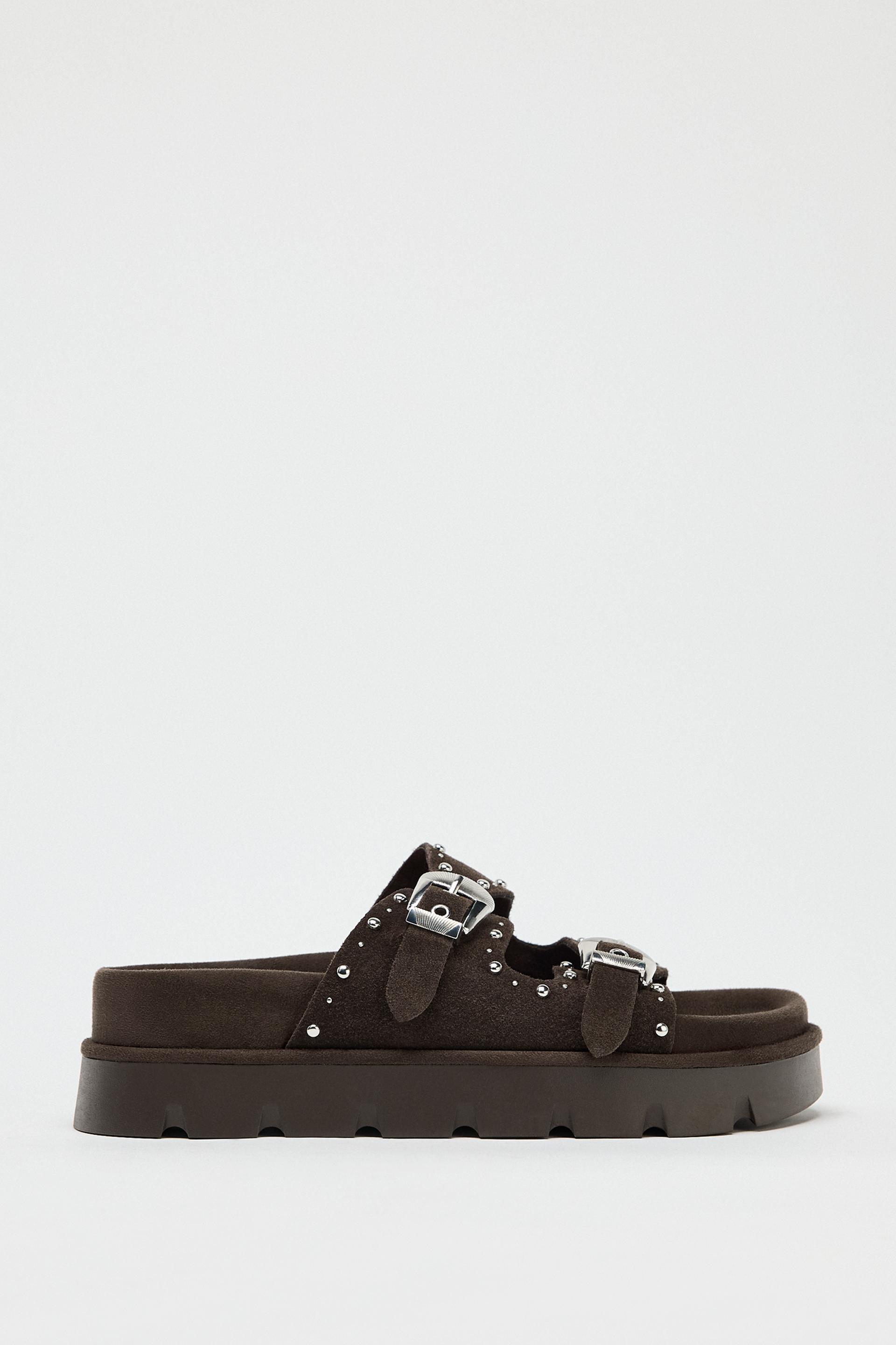 LEATHER FLAT STUDDED SANDALS by ZARA