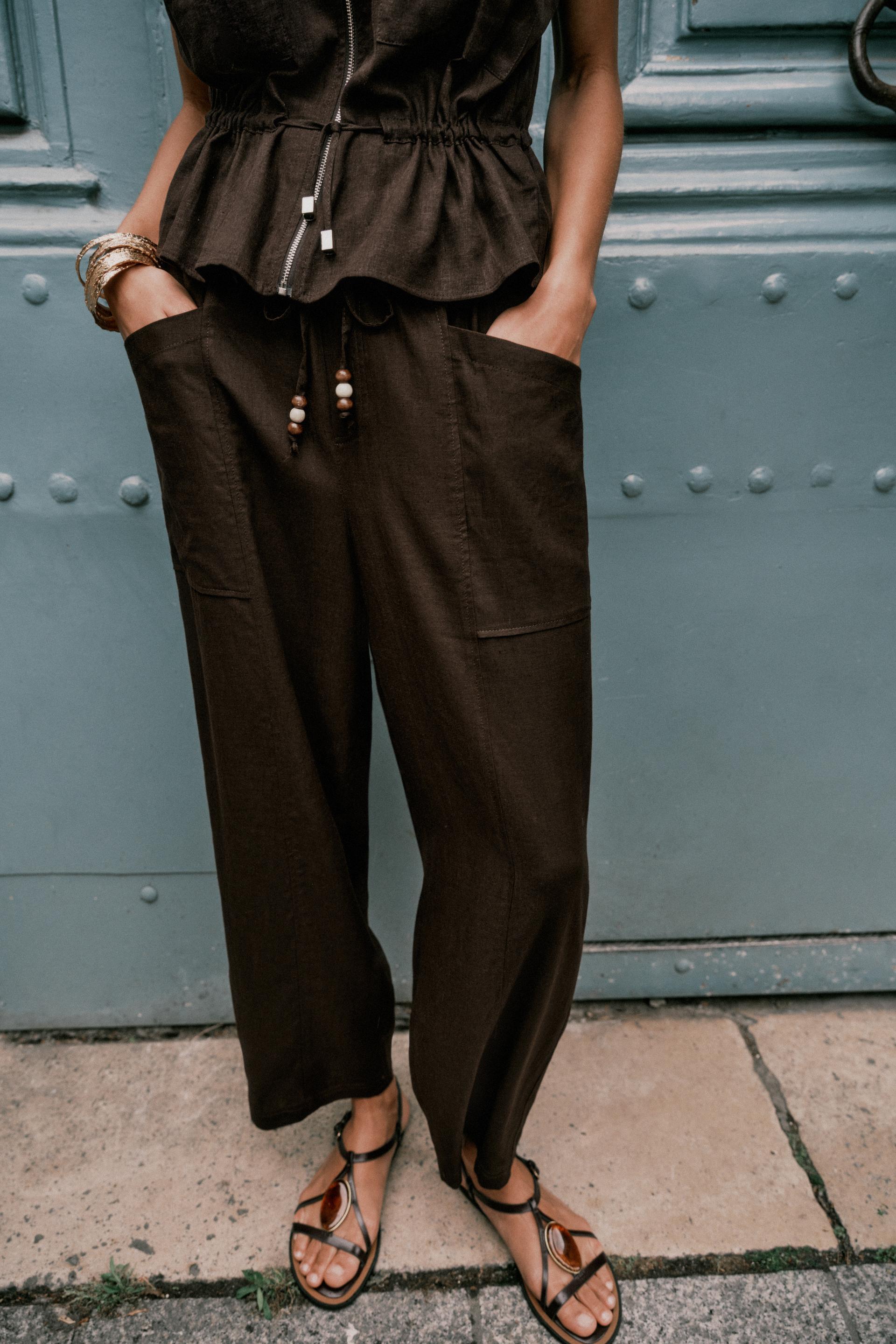 LINEN BEADED DRAWSTRING PANTS by ZARA