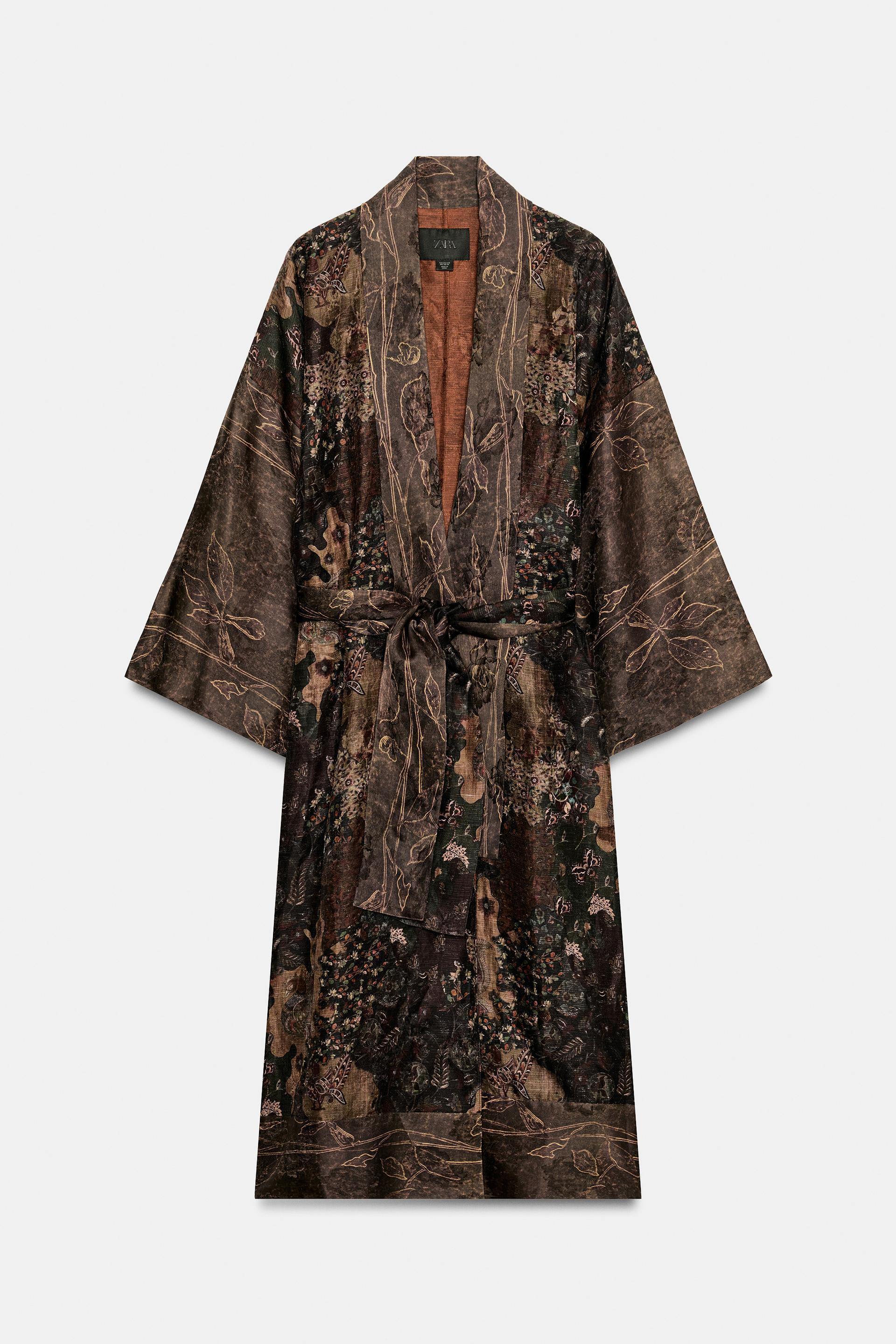 LINEN BLEND JACQUARD LONG KIMONO by ZARA