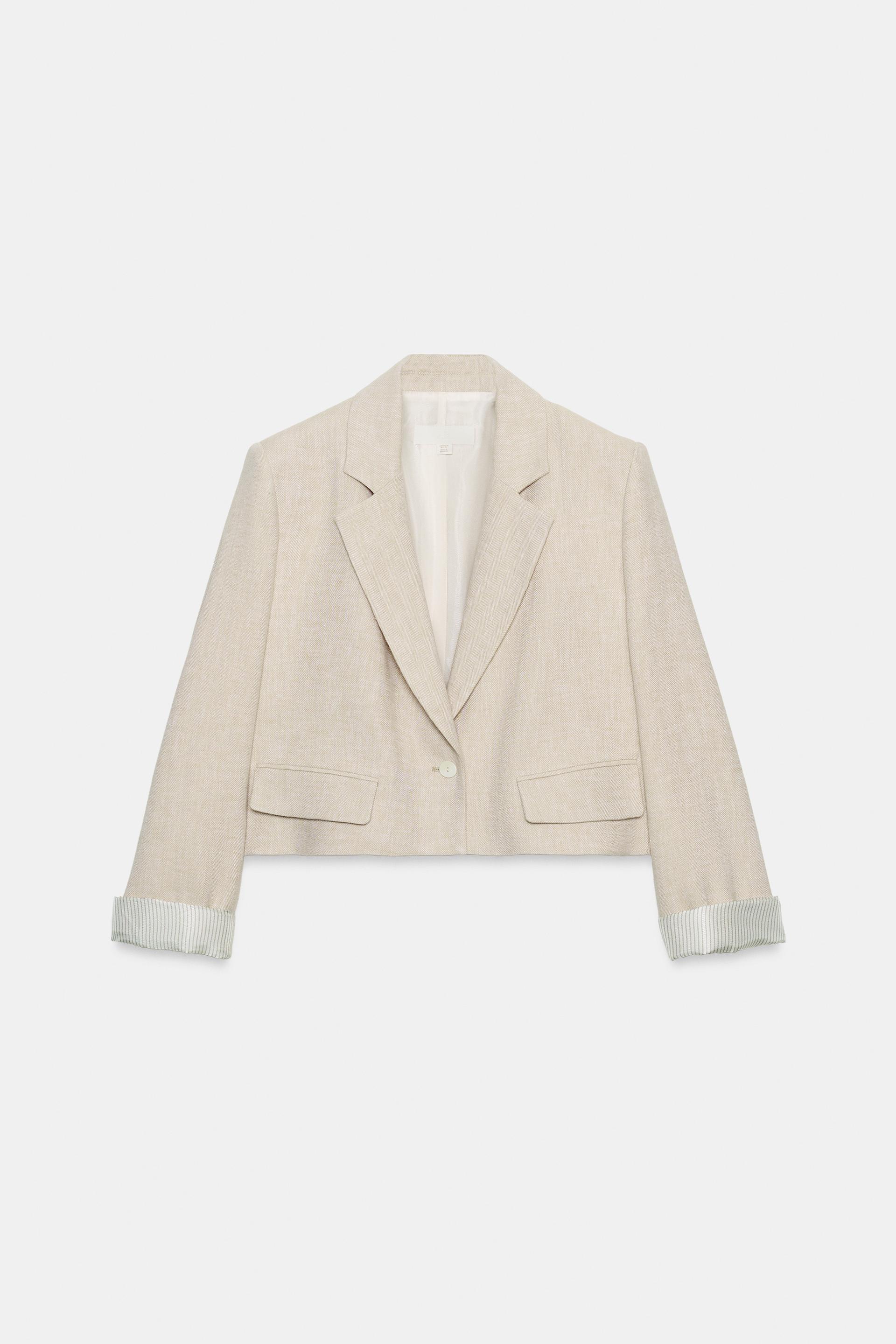 LINEN CROPPED BLAZER WITH SHOULDER PADS by ZARA