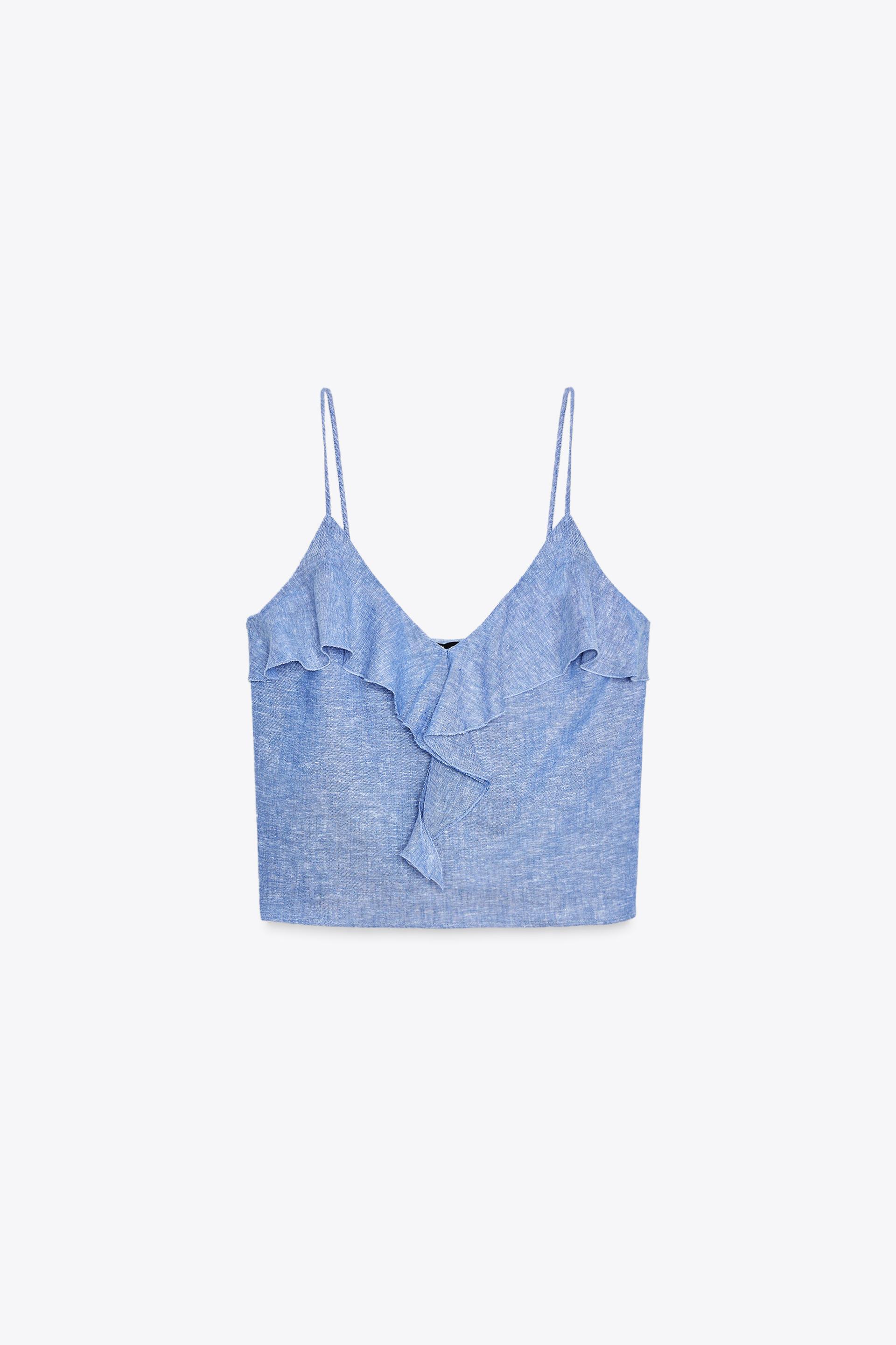 LINEN RUFFLED STRAPPY TOP by ZARA
