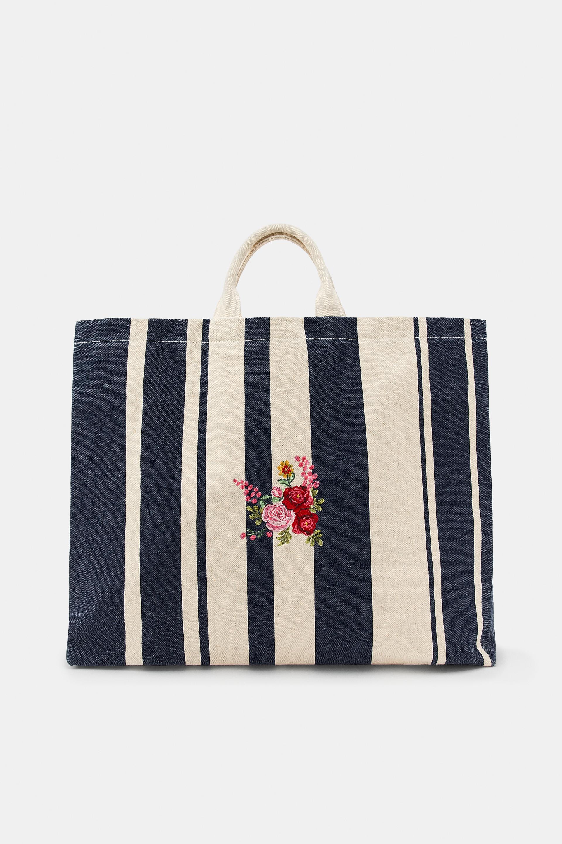 MAXI STRIPED FLORAL EMBROIDERY TOTE by ZARA