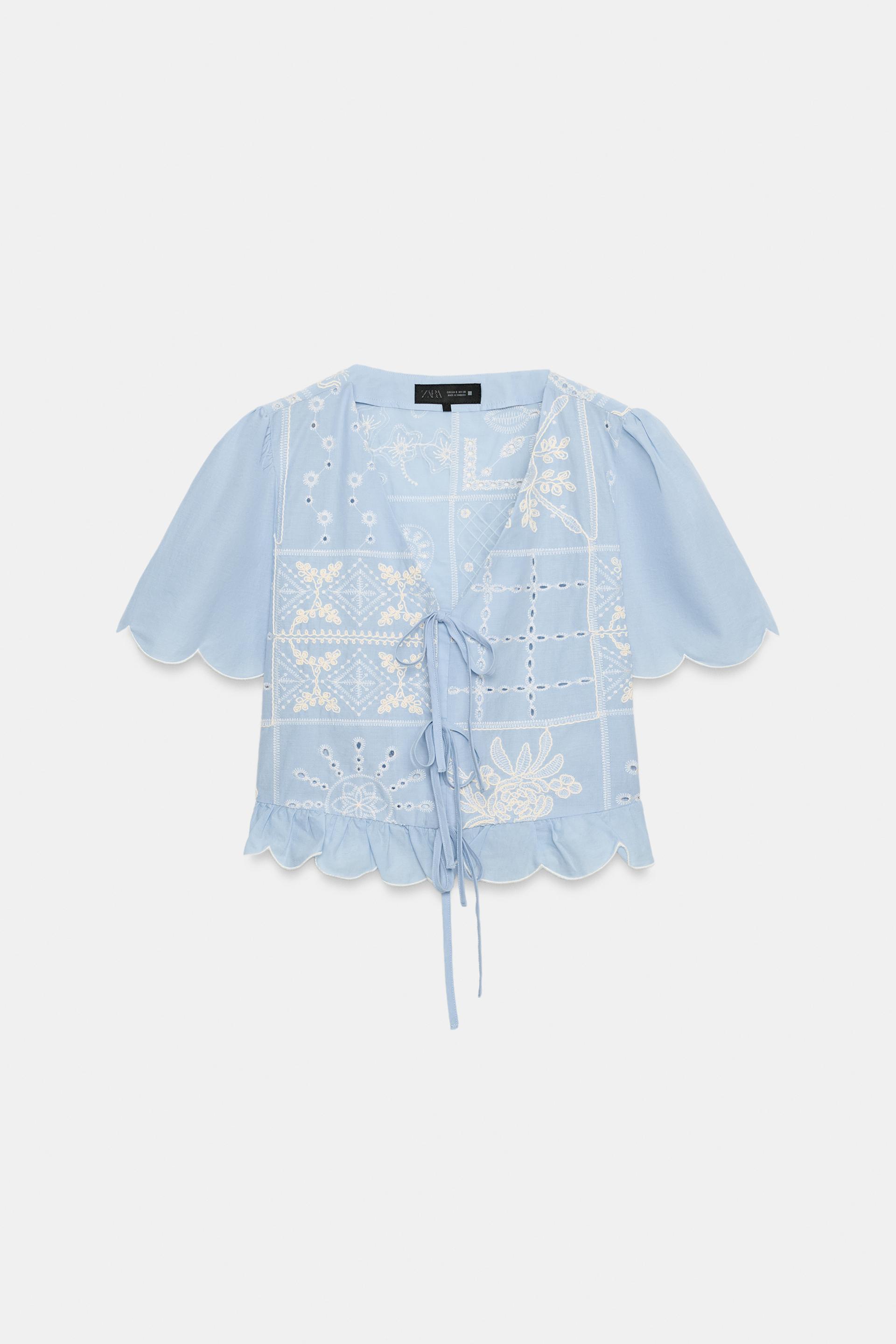 PERFORATED EMBROIDERED TIE BLOUSE by ZARA