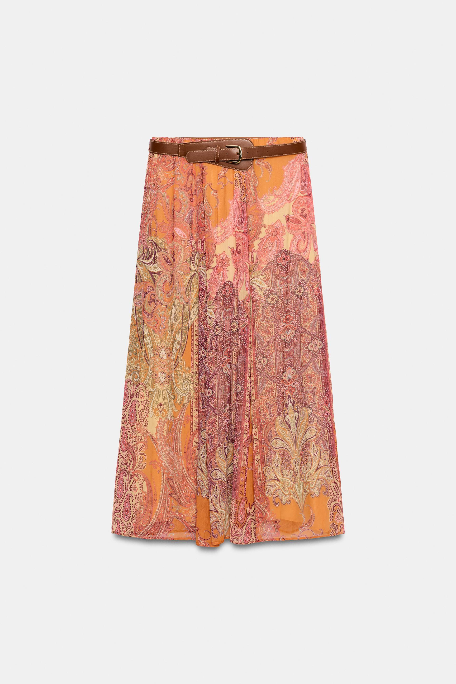 PRINTED MIDI SKIRT WITH BELT by ZARA