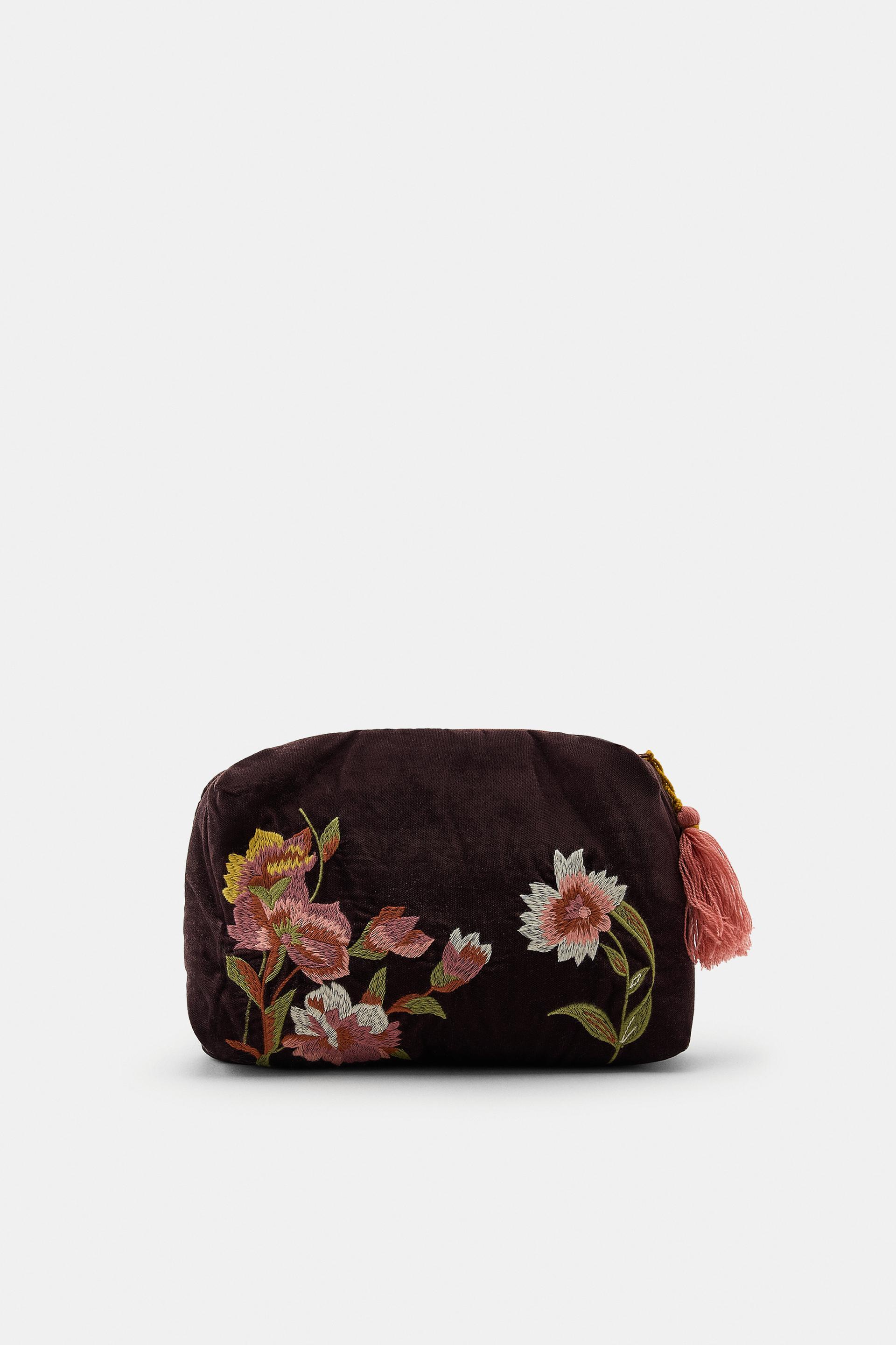 QUILTED VELVET TOILETRY BAG WITH EMBROIDERED FLOWERS by ZARA