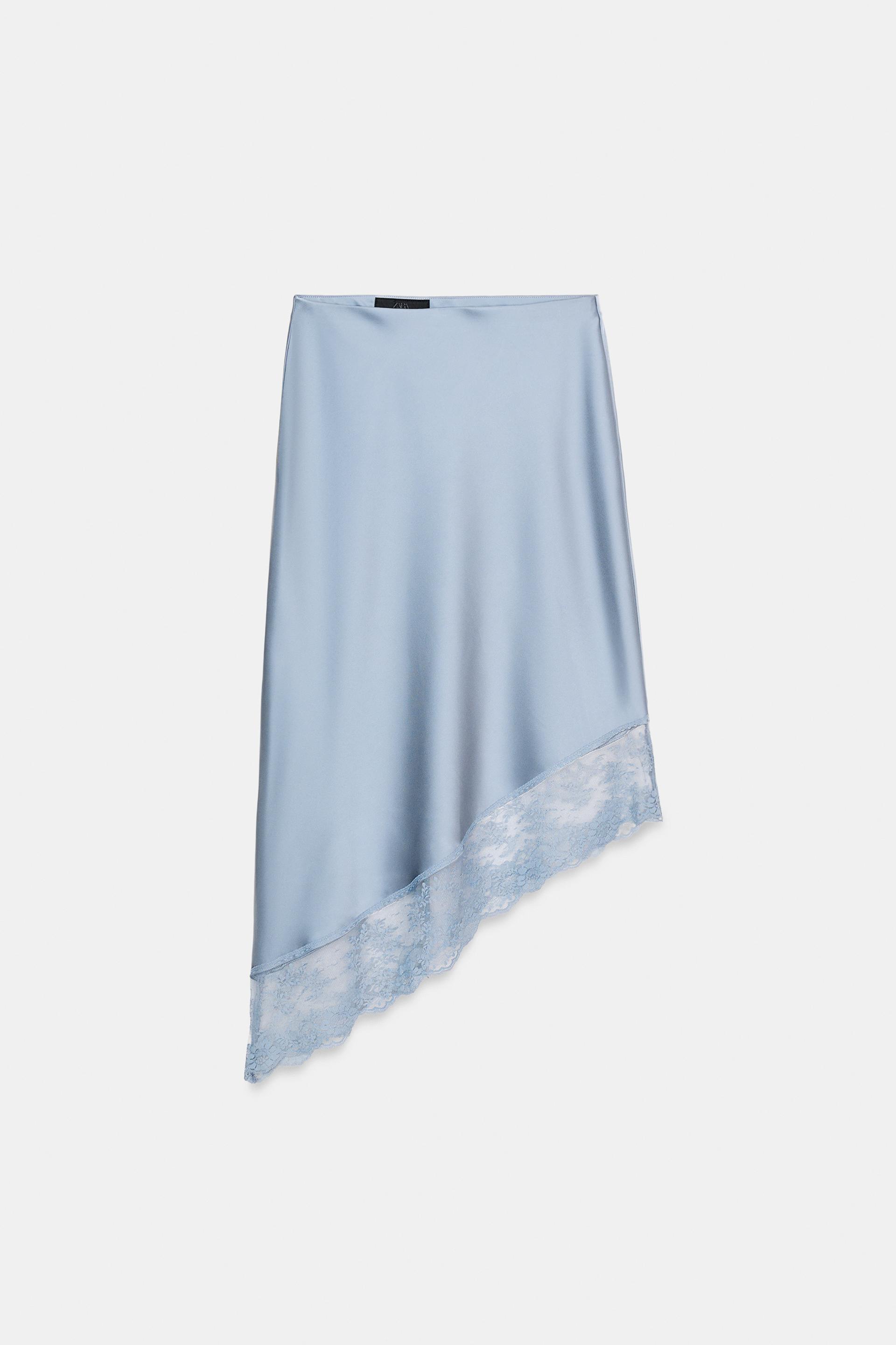 SATIN EFFECT MIDI SKIRT WITH ASYMMETRIC HEM AND LACE by ZARA