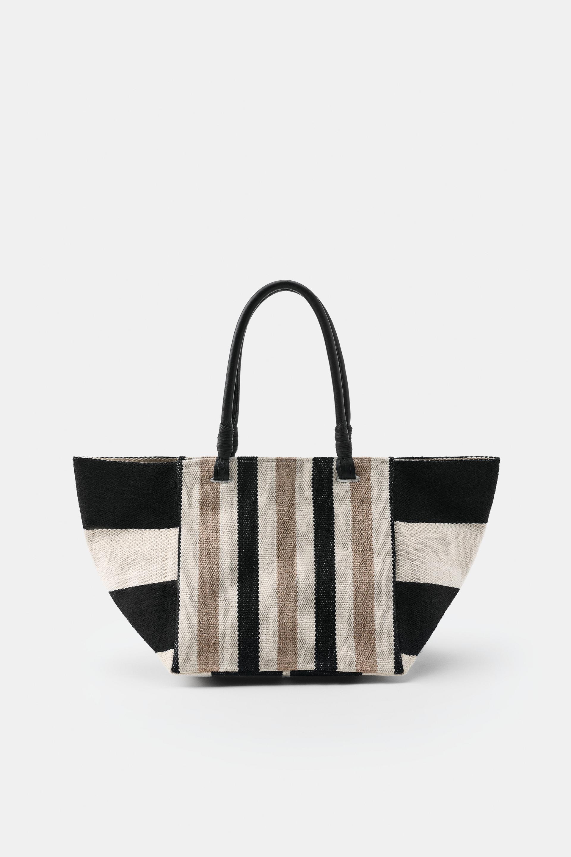 STRIPED BAG WITH LEATHER HANDLES by ZARA