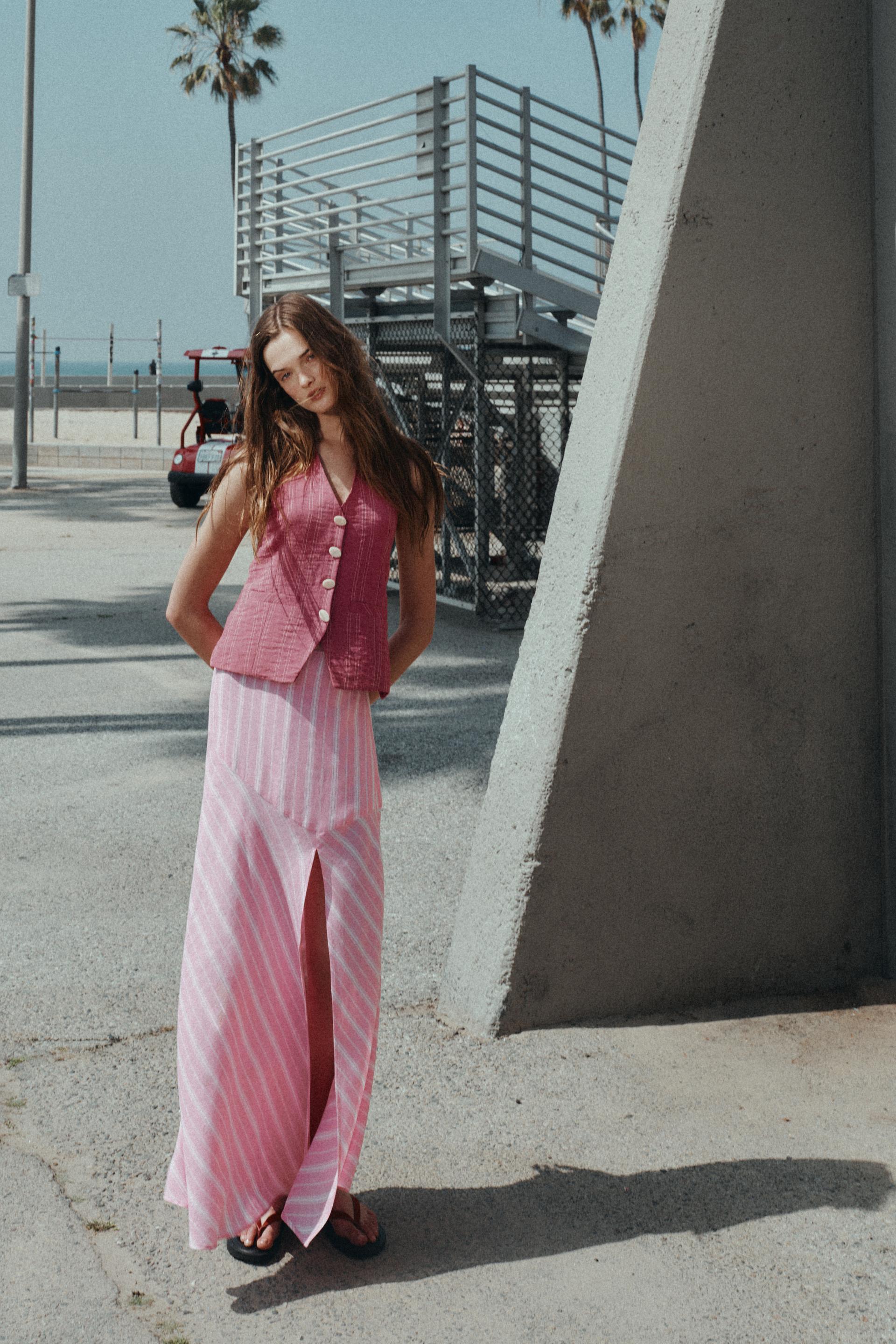 STRIPED LINEN MIDI SKIRT by ZARA