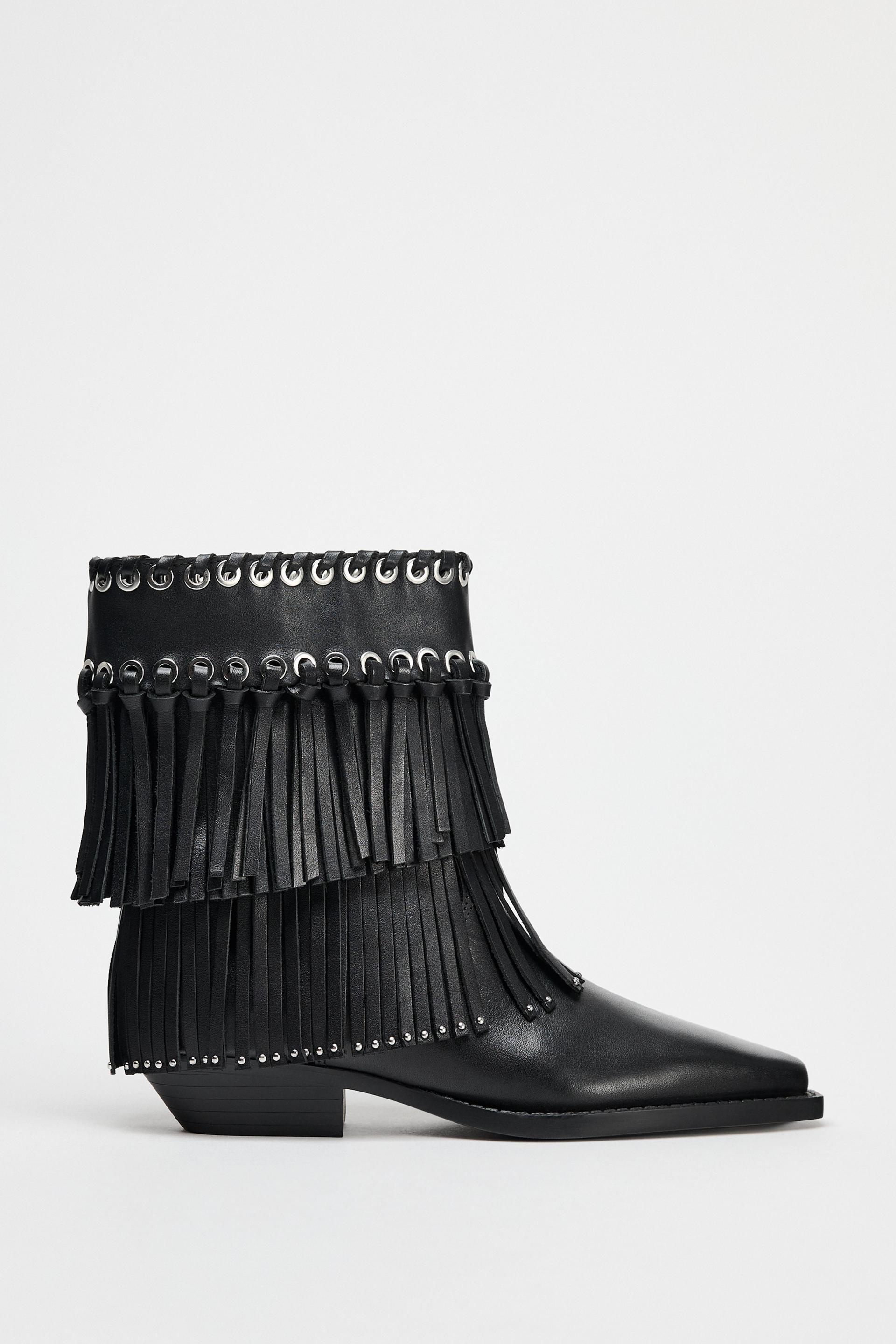 STUDDED FRINGED ANKLE BOOTS by ZARA