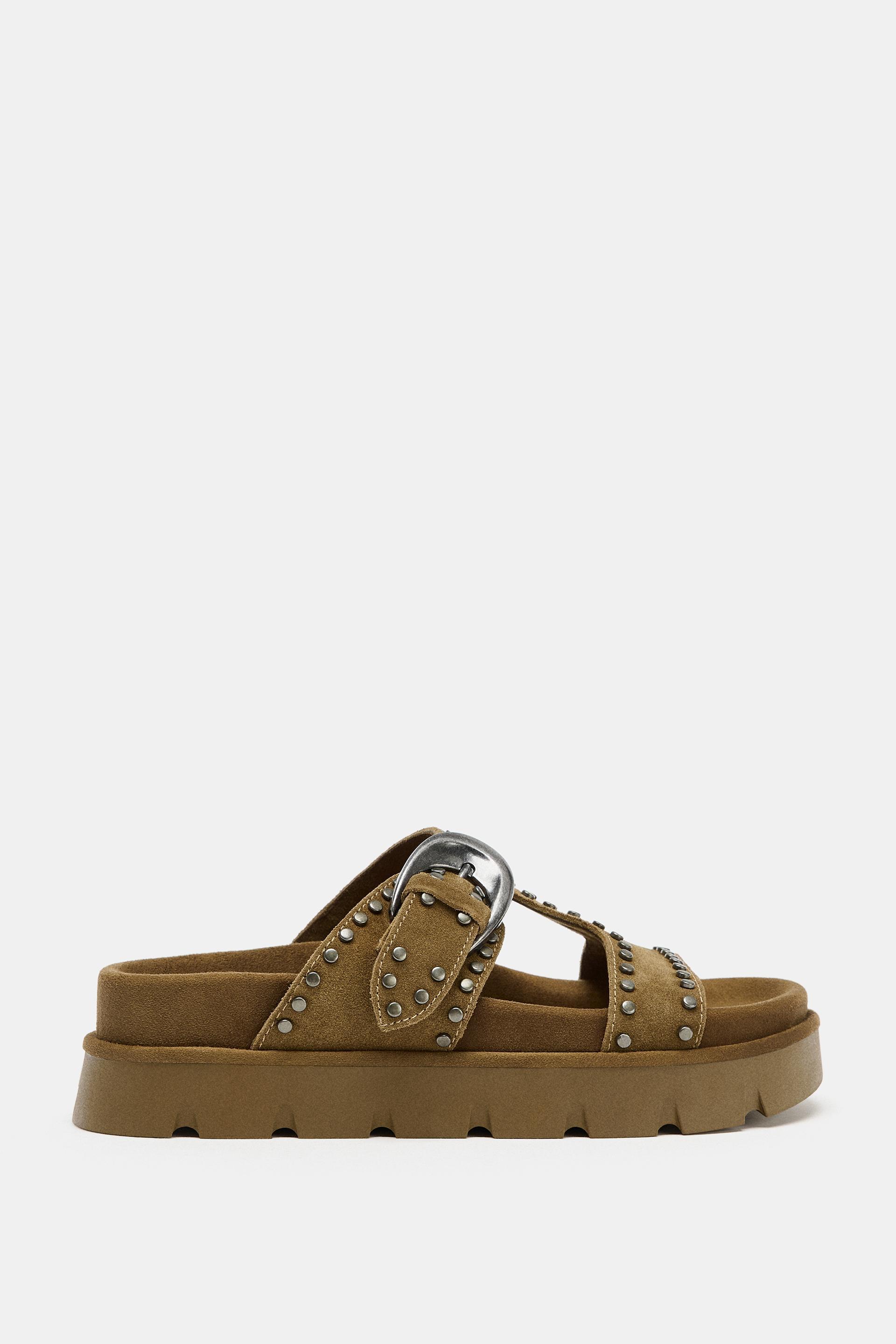 STUDDED SPLIT LEATHER PLATFORM SANDALS by ZARA