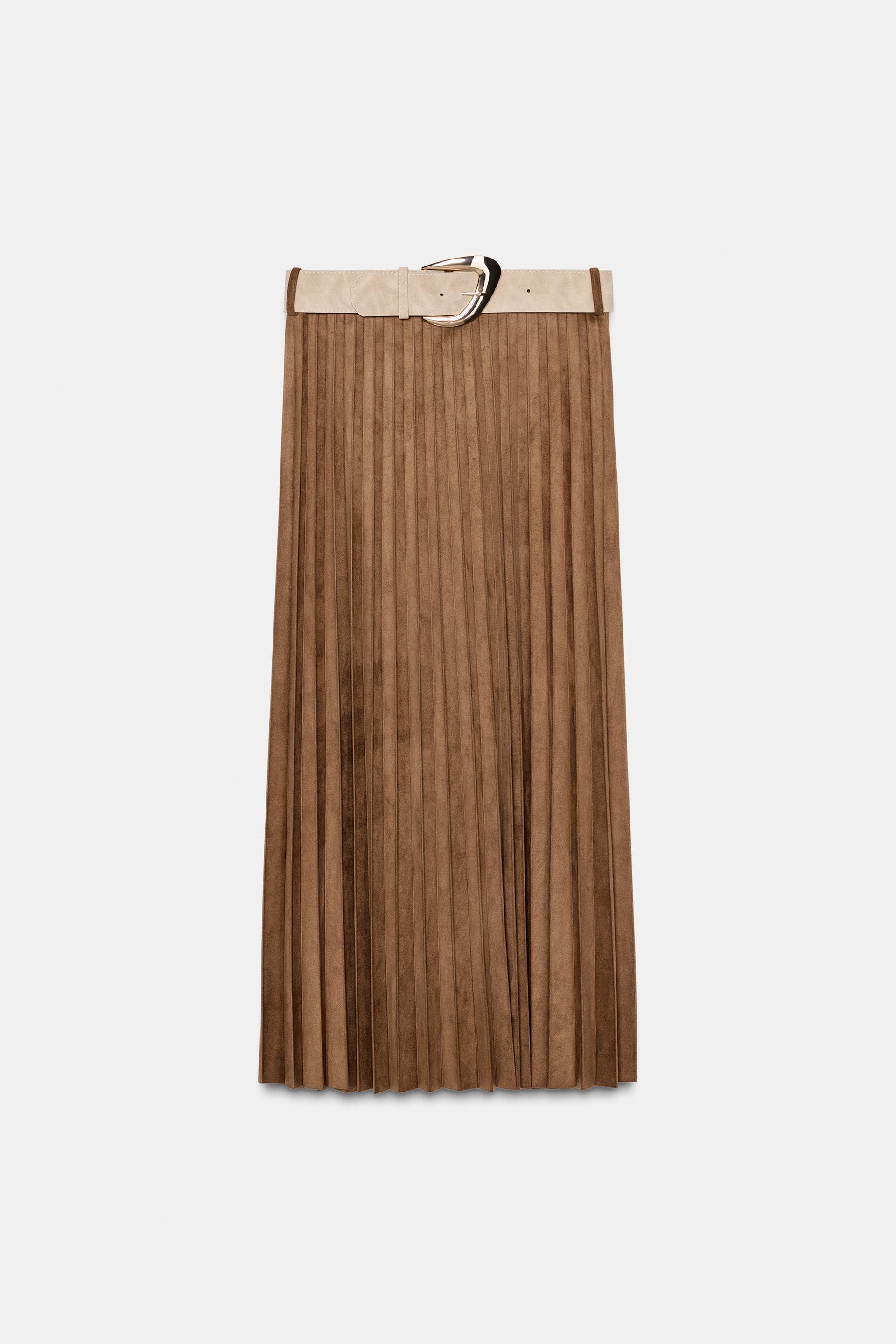 SUEDE EFFECT PLEATED MIDI SKIRT WITH BELT by ZARA