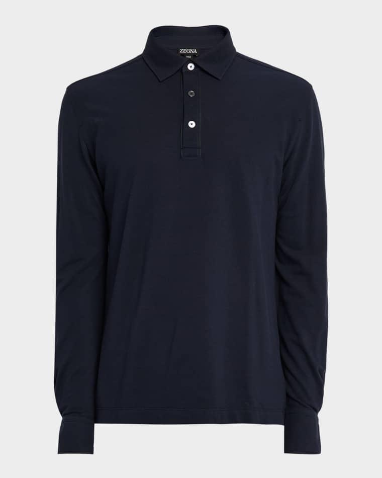 Men's Leather-Trim Cotton Long-Sleeve Polo Shirt by ZEGNA