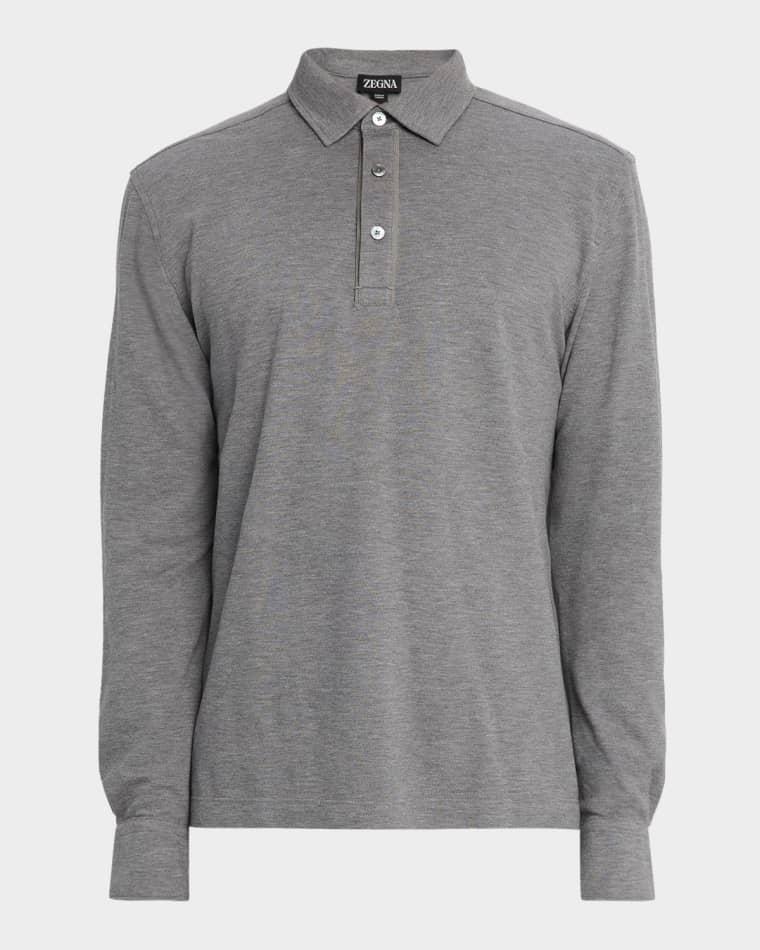 Men's Leather-Trim Melange Cotton Long-Sleeve Polo Shirt by ZEGNA