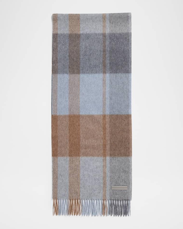 Men's Oasi Cashmere Madras Check Scarf with Leather Brand Mark by ZEGNA