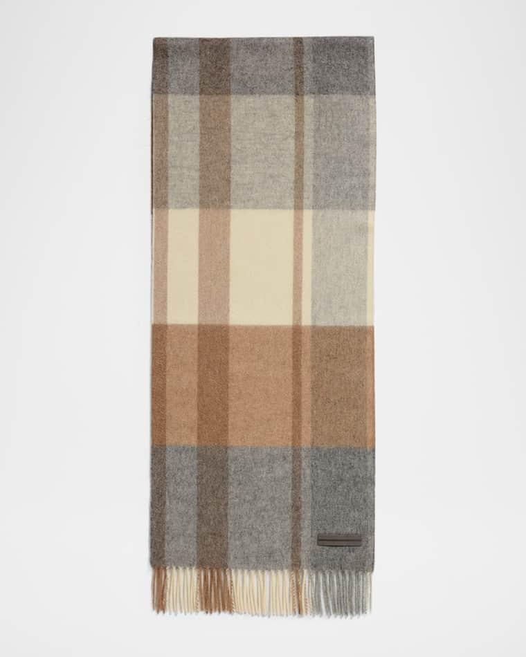Men's Oasi Cashmere Madras Check Scarf with Leather Brand Mark by ZEGNA