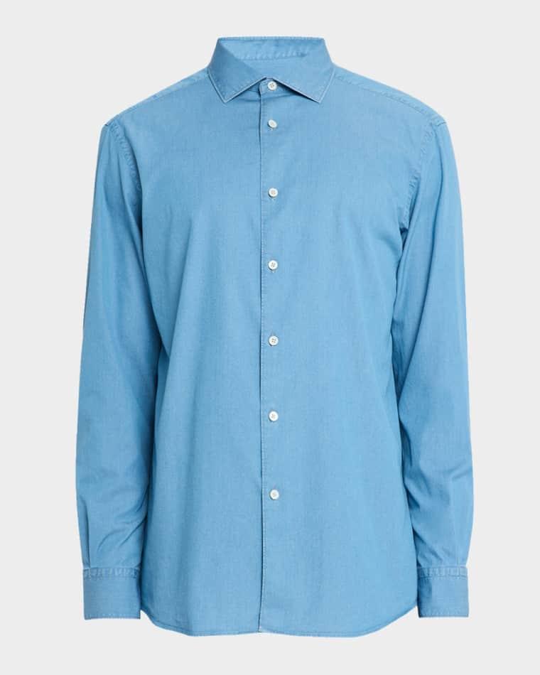Men's Washed Denim Classic Fit Button-Down Shirt by ZEGNA