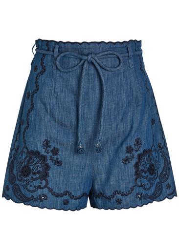 Aster embroidered belted denim shorts by ZIMMERMANN