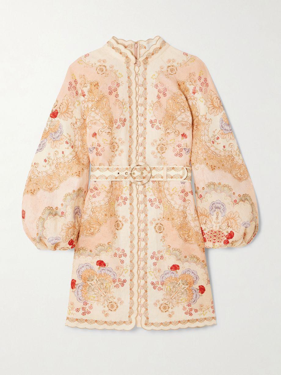 Daylight belted scalloped printed linen mini dress by ZIMMERMANN