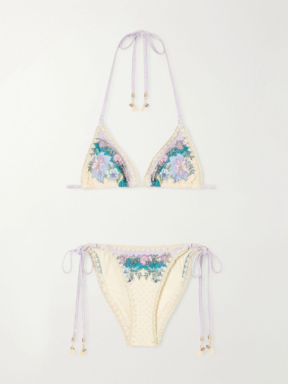 Floral-print crochet-trimmed bikini top by ZIMMERMANN