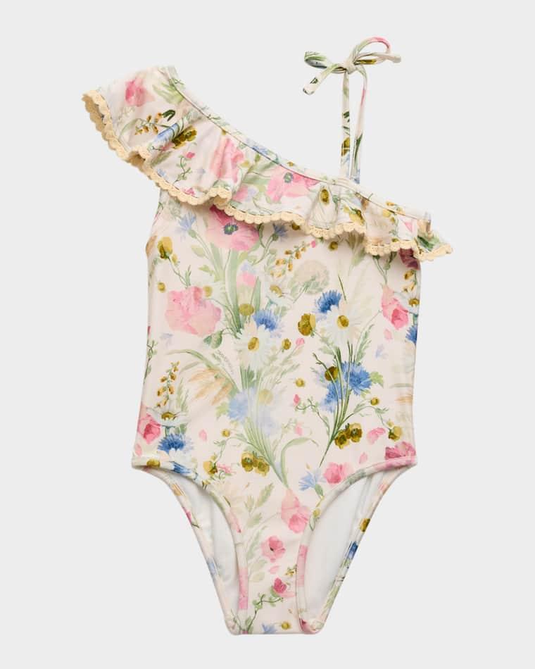 Girl's Lucky Floral-Print Frill Swimsuit, Size 1-12 by ZIMMERMANN