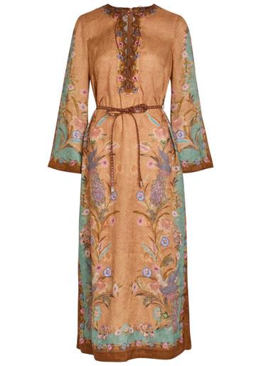 Indra belted printed linen midi tunic dress by ZIMMERMANN